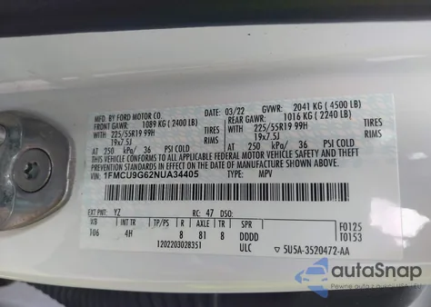 2022 Ford Escape Se z USA, uszkodzony, nr VIN 1FMCU9G62NUA34405